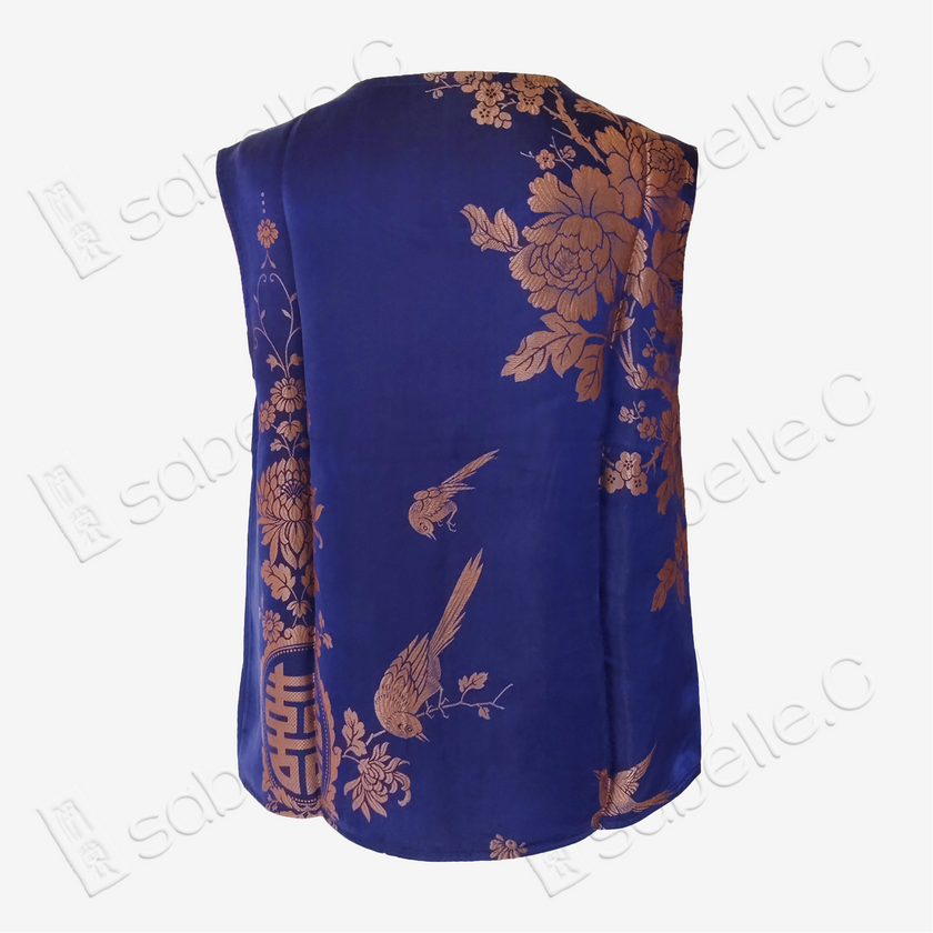 Azure Blue Magpie Vintage Silk Satin Vest - 「青藍錦雀」古董真絲馬甲