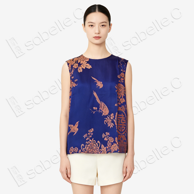 Azure Blue Magpie Vintage Silk Satin Vest - 「青藍錦雀」古董真絲面料背心