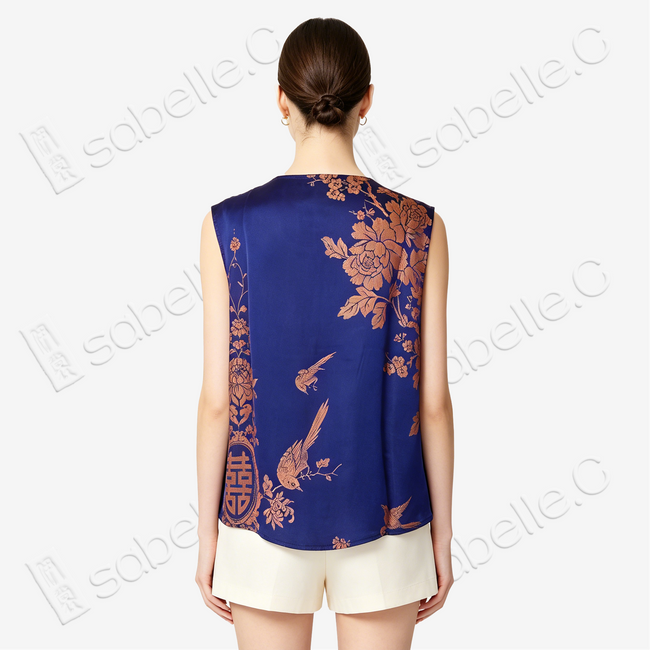 Azure Blue Magpie Vintage Silk Satin Vest - 「青藍錦雀」古董真絲面料背心