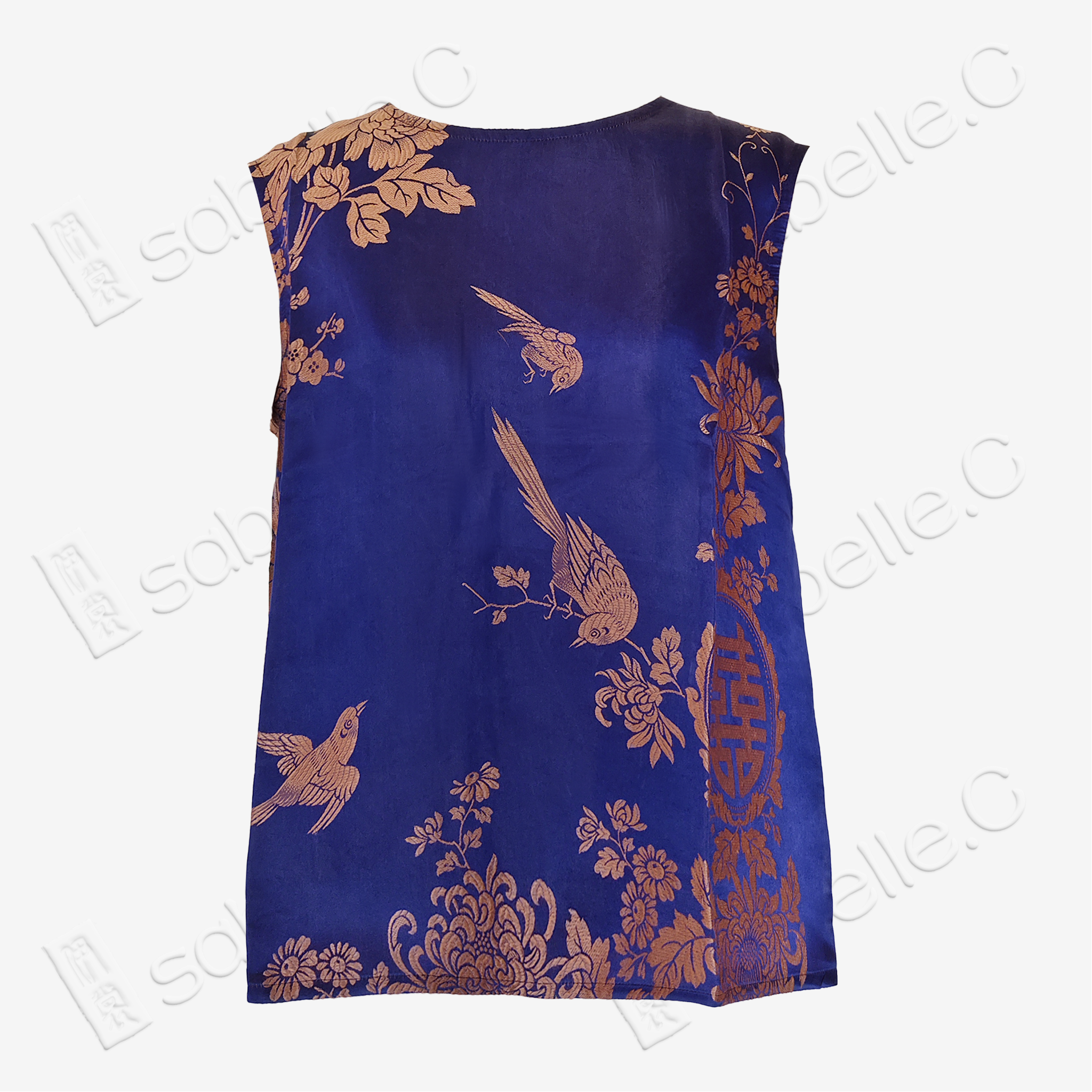Azure Blue Magpie Vintage Silk Satin Vest - 「青藍錦雀」古董真絲馬甲