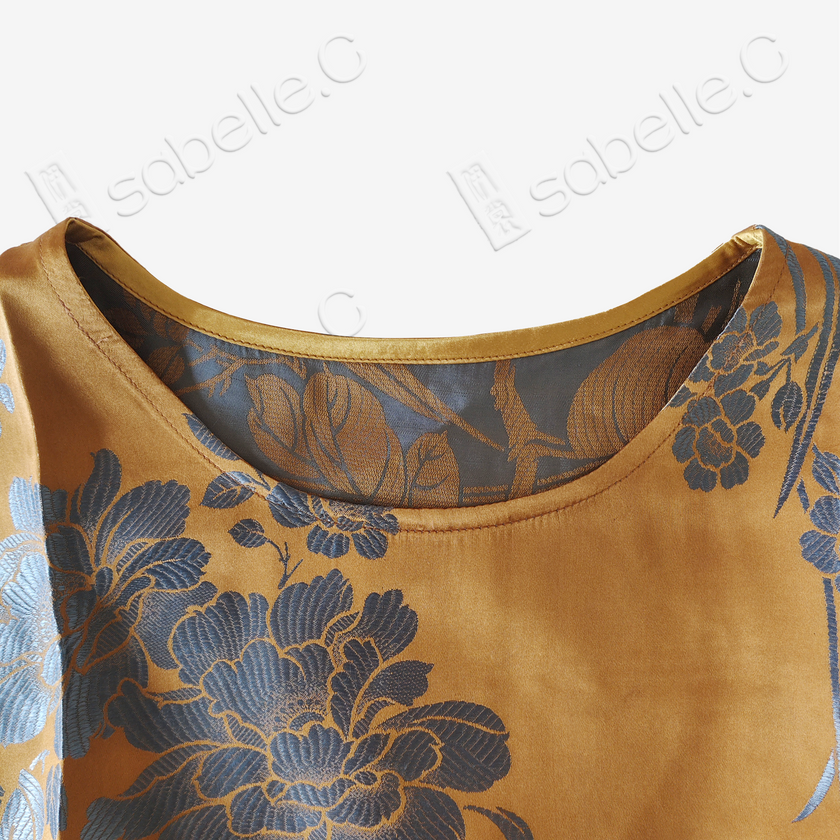 Amber Silver Peony Antique Vintage Silk Satin Vest - 「琥珀銀芍」古董真絲面料馬甲