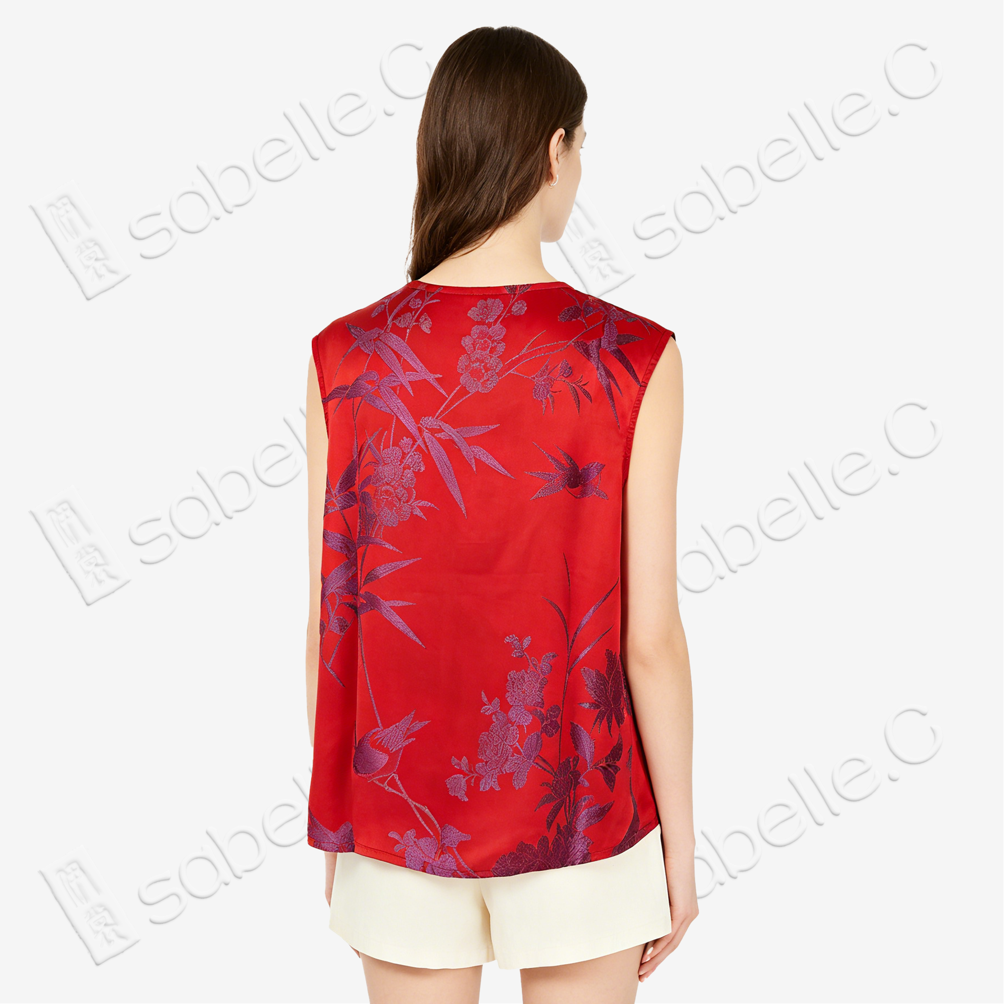 Crimson Scarlet Magpie Branch Antique Silk Satin Vest - 「丹緋雀枝」古董真絲面料馬甲