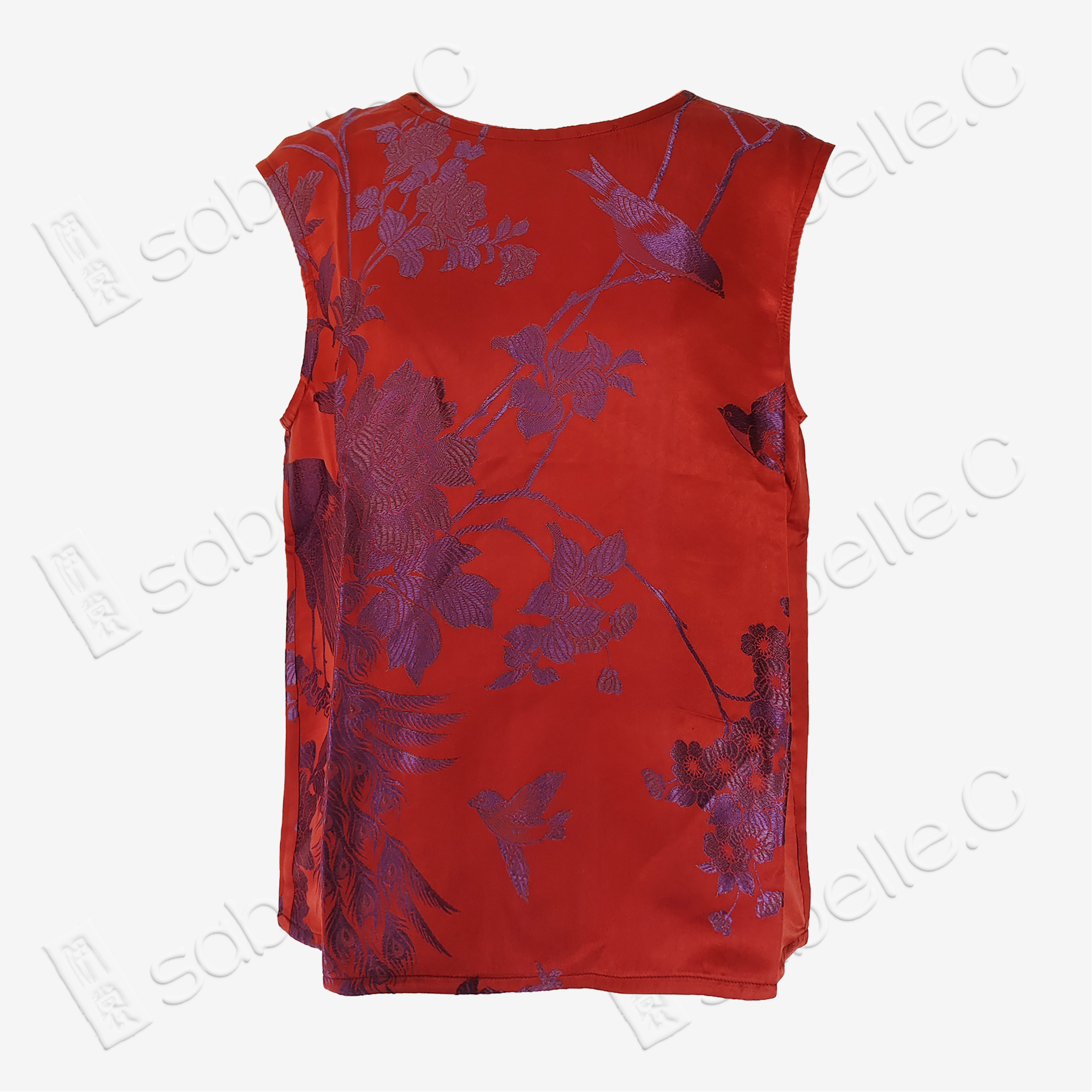 Crimson Scarlet Magpie Branch Antique Silk Satin Vest - 「丹緋雀枝」古董真絲面料馬甲