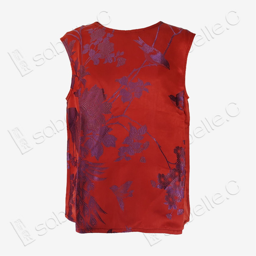 Crimson Scarlet Magpie Branch Antique Silk Satin Vest - 「丹緋雀枝」古董真絲面料馬甲