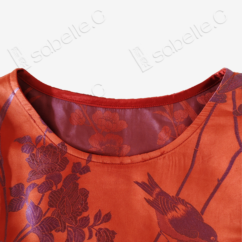 Crimson Scarlet Magpie Branch Antique Silk Satin Vest - 「丹緋雀枝」古董真絲面料馬甲