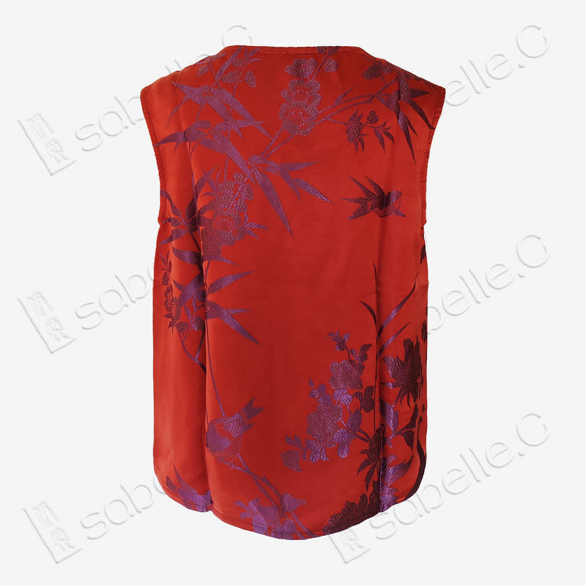 Crimson Scarlet Magpie Branch Antique Silk Satin Vest - 「丹緋雀枝」古董真絲面料馬甲