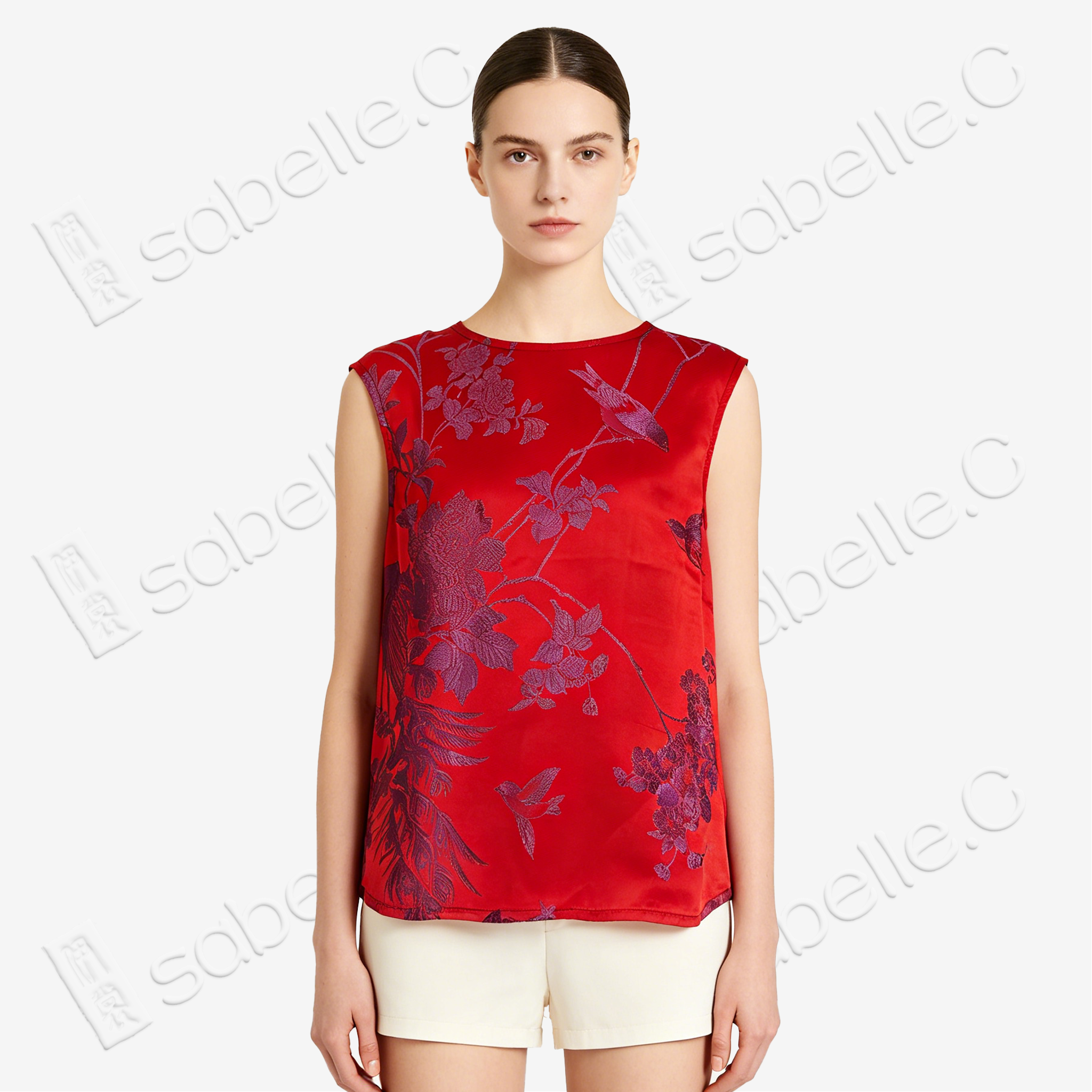 Crimson Scarlet Magpie Branch Antique Silk Satin Vest - 「丹緋雀枝」古董真絲面料馬甲