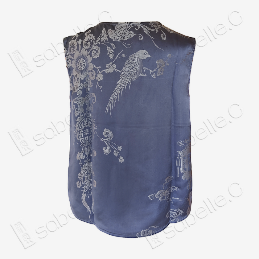 Misty Blue Mandarin Duck Antique Silk Satin Vest - 「霧藍鴛鴦」真絲面料馬甲