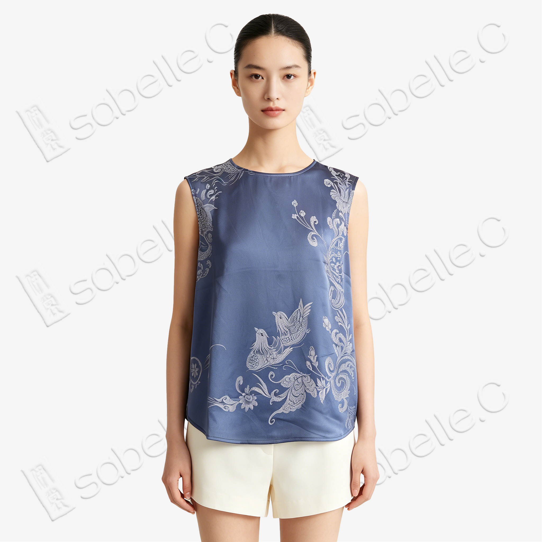 Misty Blue Mandarin Duck Antique Silk Satin Vest - 「霧藍鴛鴦」真絲面料馬甲