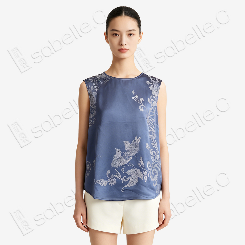 Misty Blue Mandarin Duck Antique Silk Satin Vest - 「霧藍鴛鴦」真絲面料馬甲