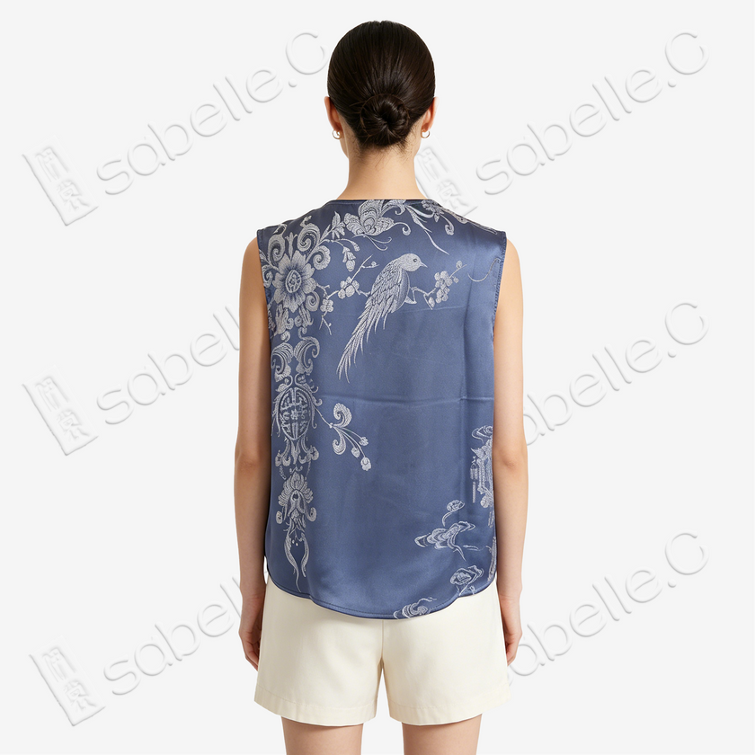 Misty Blue Mandarin Duck Antique Silk Satin Vest - 「霧藍鴛鴦」真絲面料馬甲