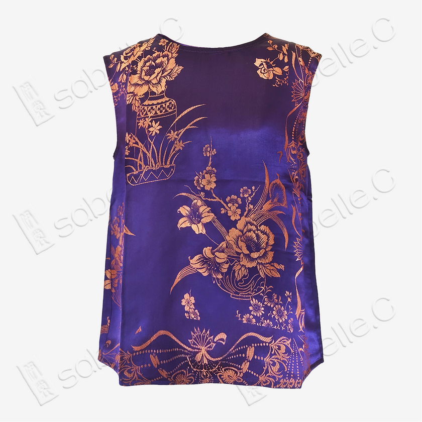Violet Gilded Vase Floral Antique Silk Satin Vest - 「绛紫鎏金瓶花」古董真絲面料背心