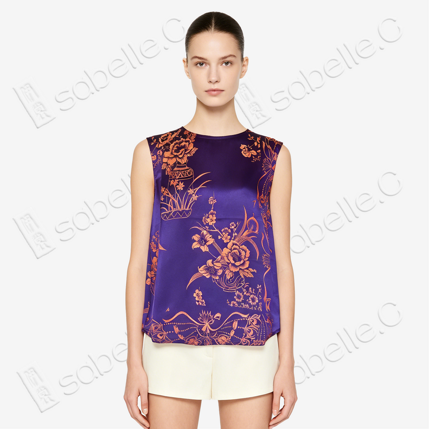 Violet Gilded Vase Floral Antique Silk Satin Vest - 「绛紫鎏金瓶花」古董真絲面料背心