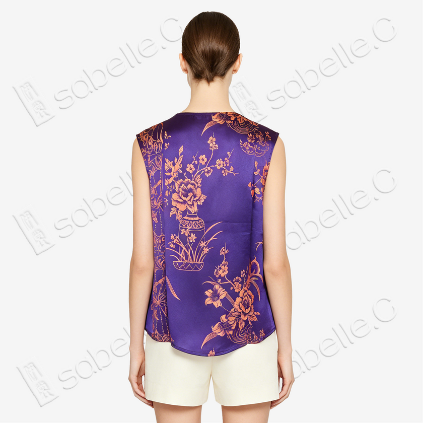 Violet Gilded Vase Floral Antique Silk Satin Vest - 「绛紫鎏金瓶花」古董真絲面料背心