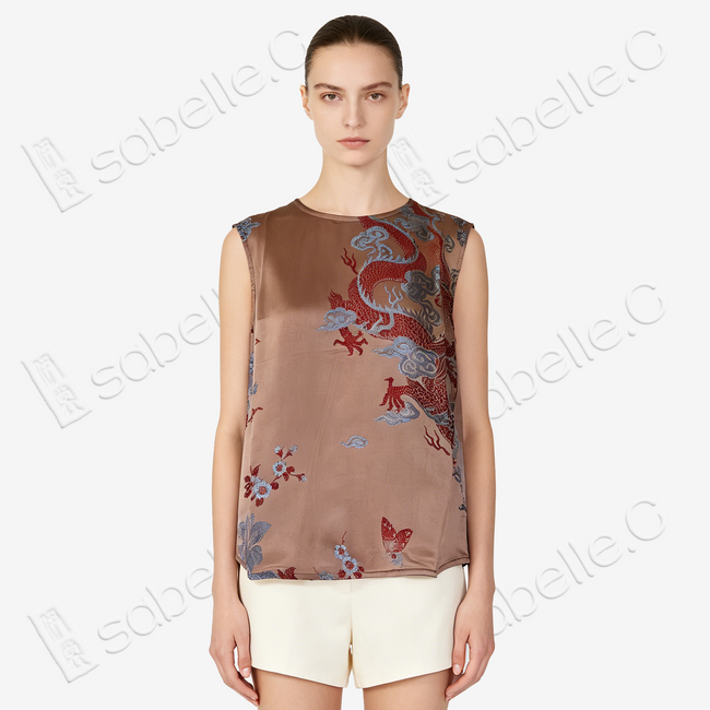 Bronze Cloud Dragon Antique Silk Satin Vest - 「銅棕雲龍」古董真絲面料背心
