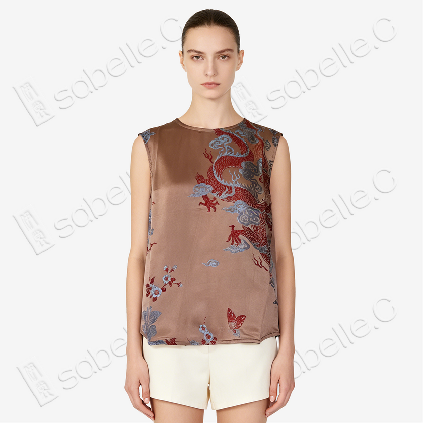 Bronze Cloud Dragon Antique Silk Satin Vest - 「銅棕雲龍」古董真絲面料背心