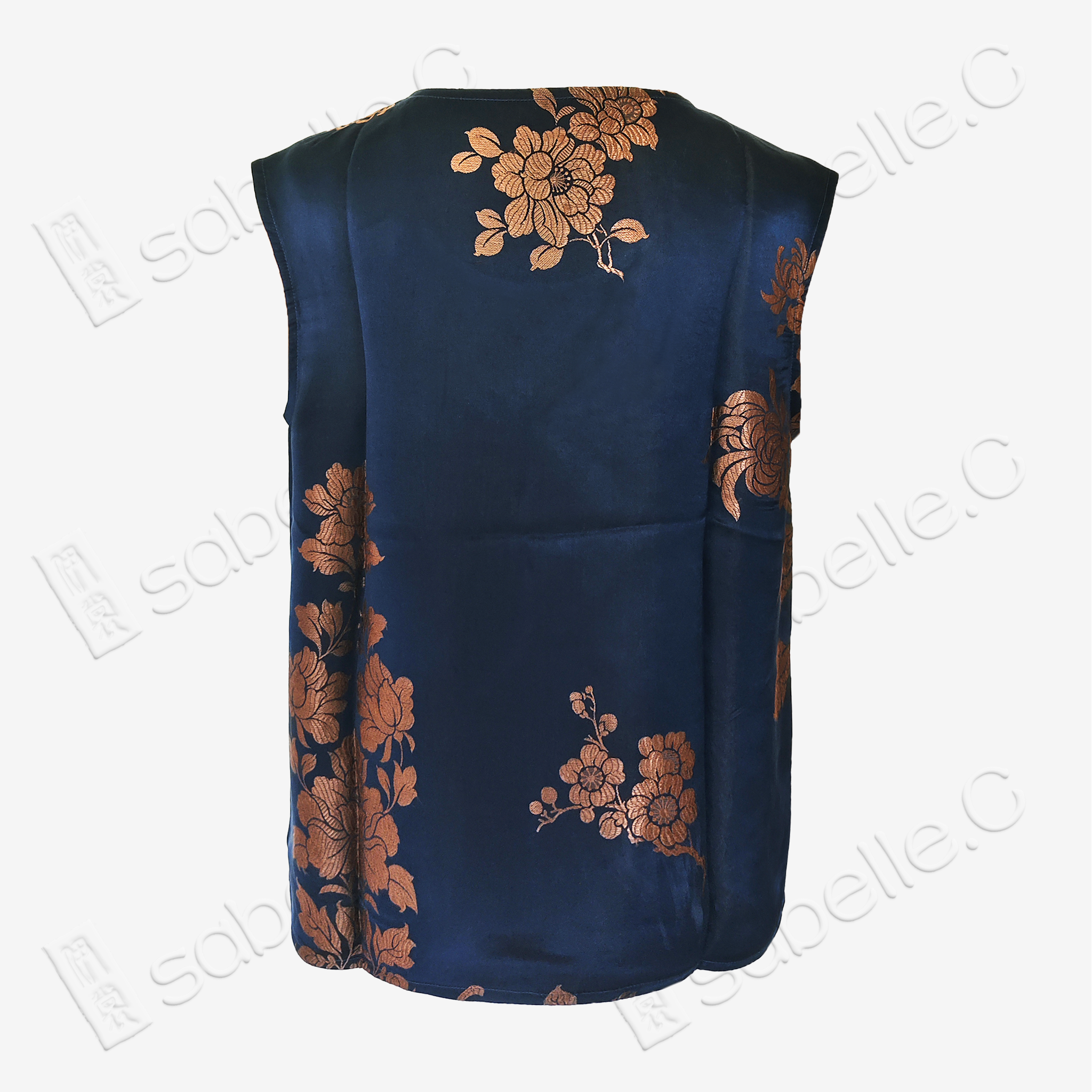 Navy Peony Round Neck Vintage Silk Satin Vest - 古董真絲老緞無袖背心