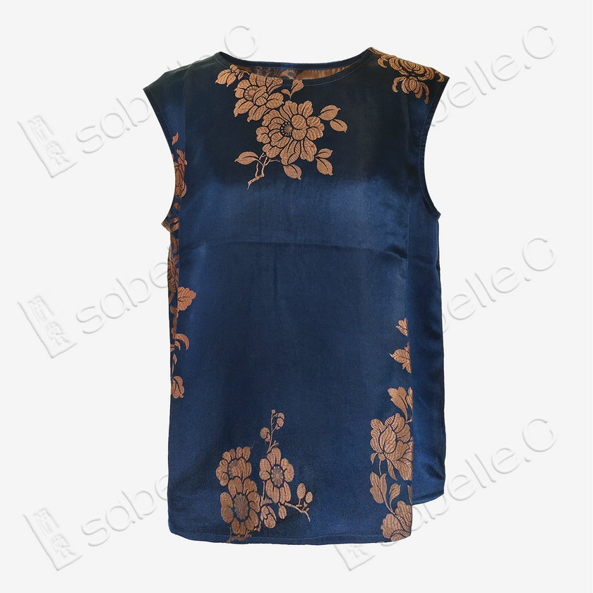 Navy Peony Round Neck Vintage Silk Satin Vest - 古董真絲老緞無袖背心