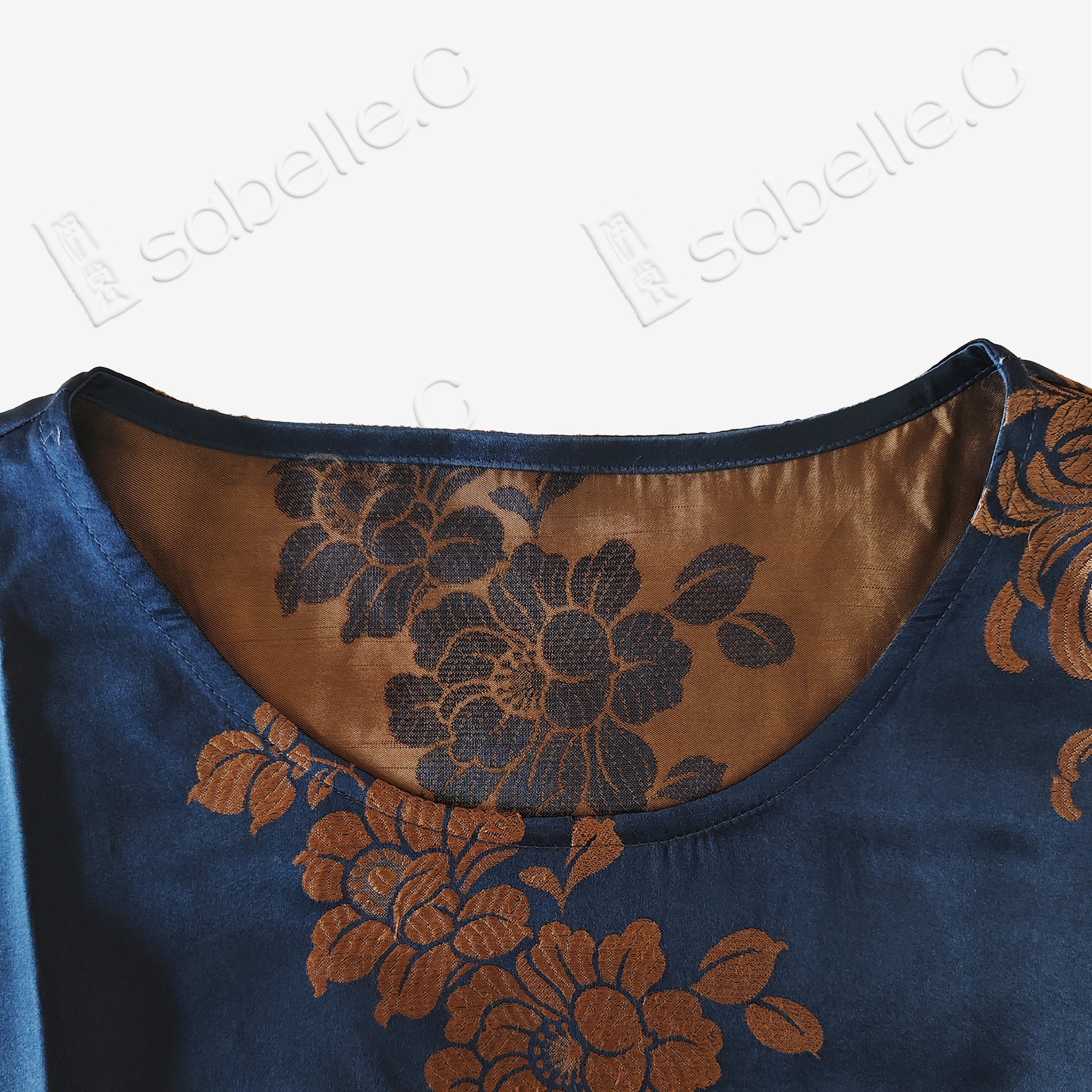 Navy Peony Round Neck Vintage Silk Satin Vest - 古董真絲老緞無袖背心