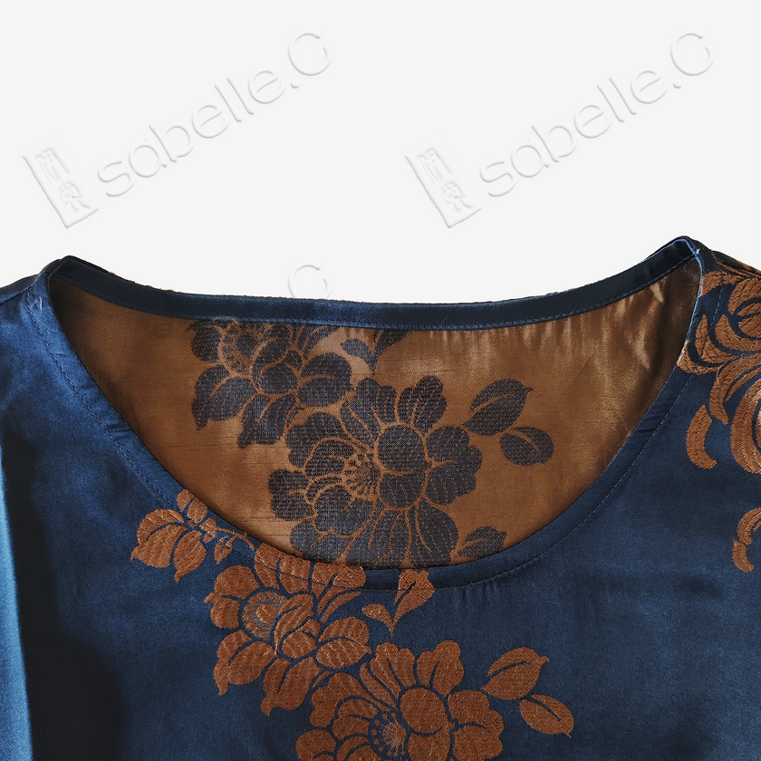 Navy Peony Round Neck Vintage Silk Satin Vest - 古董真絲老緞無袖背心
