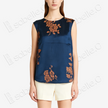 Navy Peony Round Neck Vintage Silk Satin Vest - 古董真絲老緞無袖背心