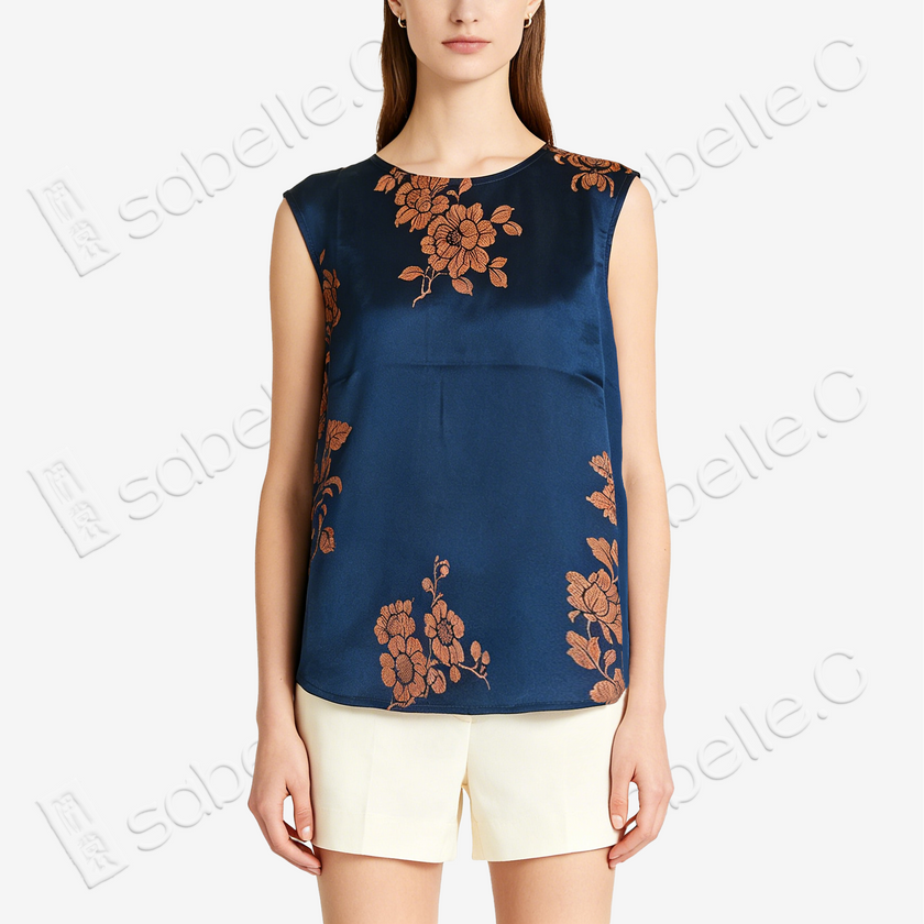 Navy Peony Round Neck Vintage Silk Satin Vest - 古董真絲老緞無袖背心