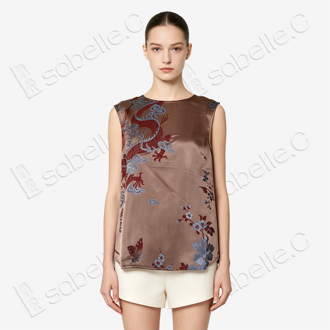 Bronze Cloud Dragon Antique Silk Satin Vest - 「銅棕雲龍」古董真絲面料背心