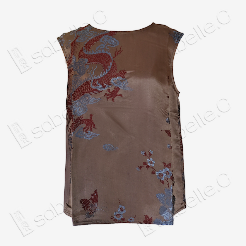 Bronze Cloud Dragon Antique Silk Satin Vest - 「銅棕雲龍」古董真絲面料背心