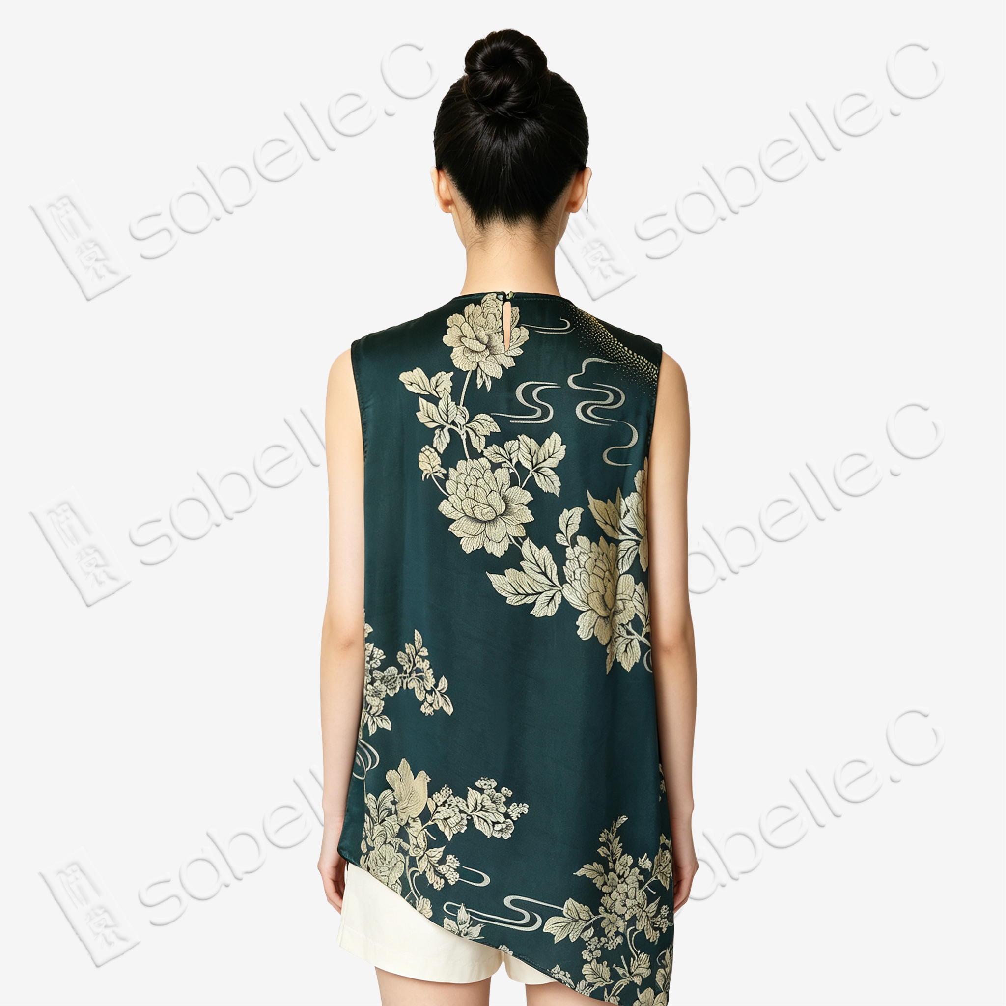 Jade Emerald Magnolia Bias-Cut Antique Silk Satin Vest - 「墨翠玉蘭」古董真絲面料斜裁上衣