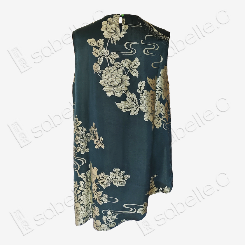 Jade Emerald Magnolia Bias-Cut Antique Silk Satin Vest - 「墨翠玉蘭」古董真絲面料斜裁上衣