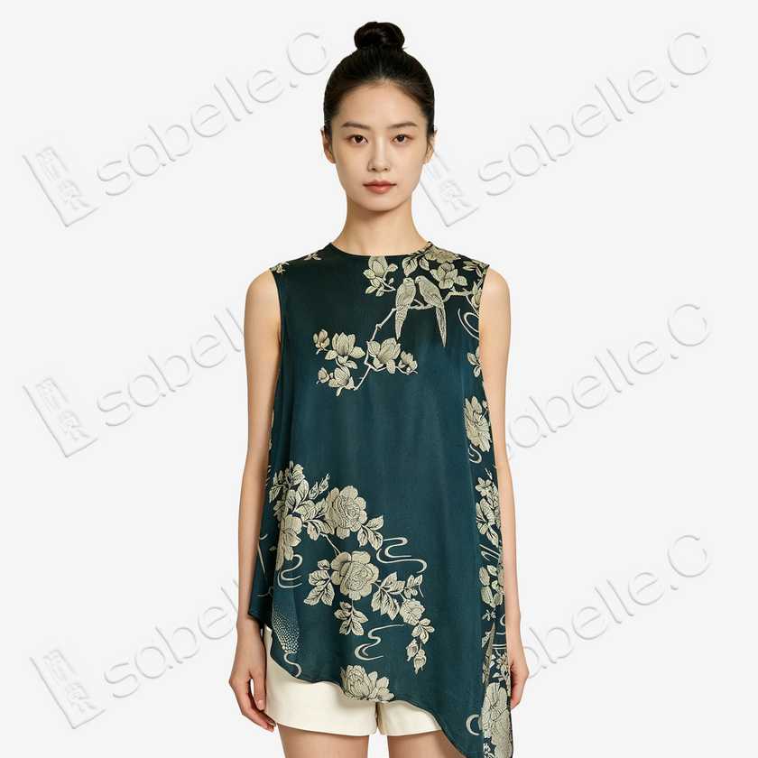 Jade Emerald Magnolia Bias-Cut Antique Silk Satin Vest - 「墨翠玉蘭」古董真絲面料斜裁上衣