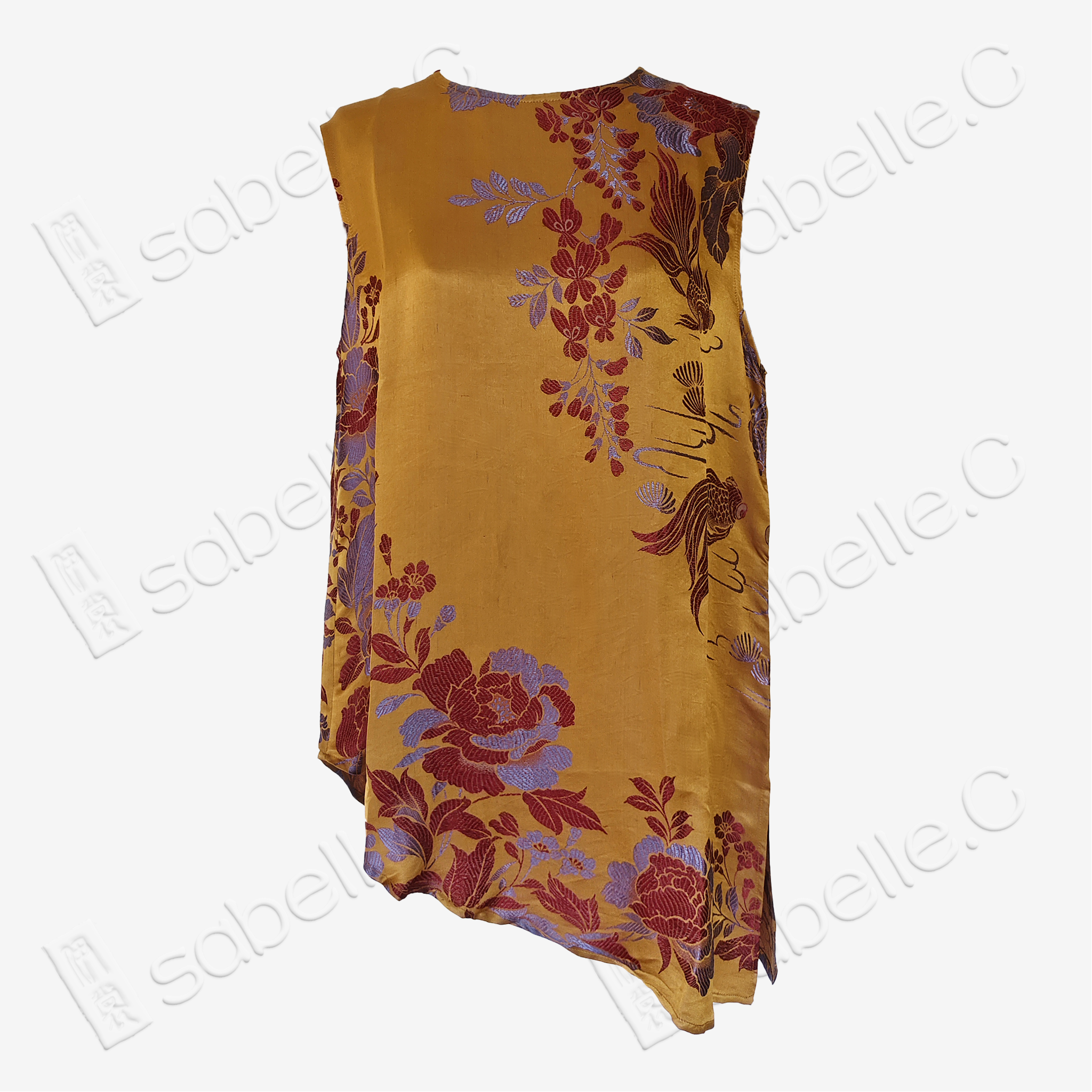 Gilded Gold Koi Fish Bias-Cut Antique Silk Satin Vest - 「鎏金錦鯉」斜裁古董真絲面料上衣