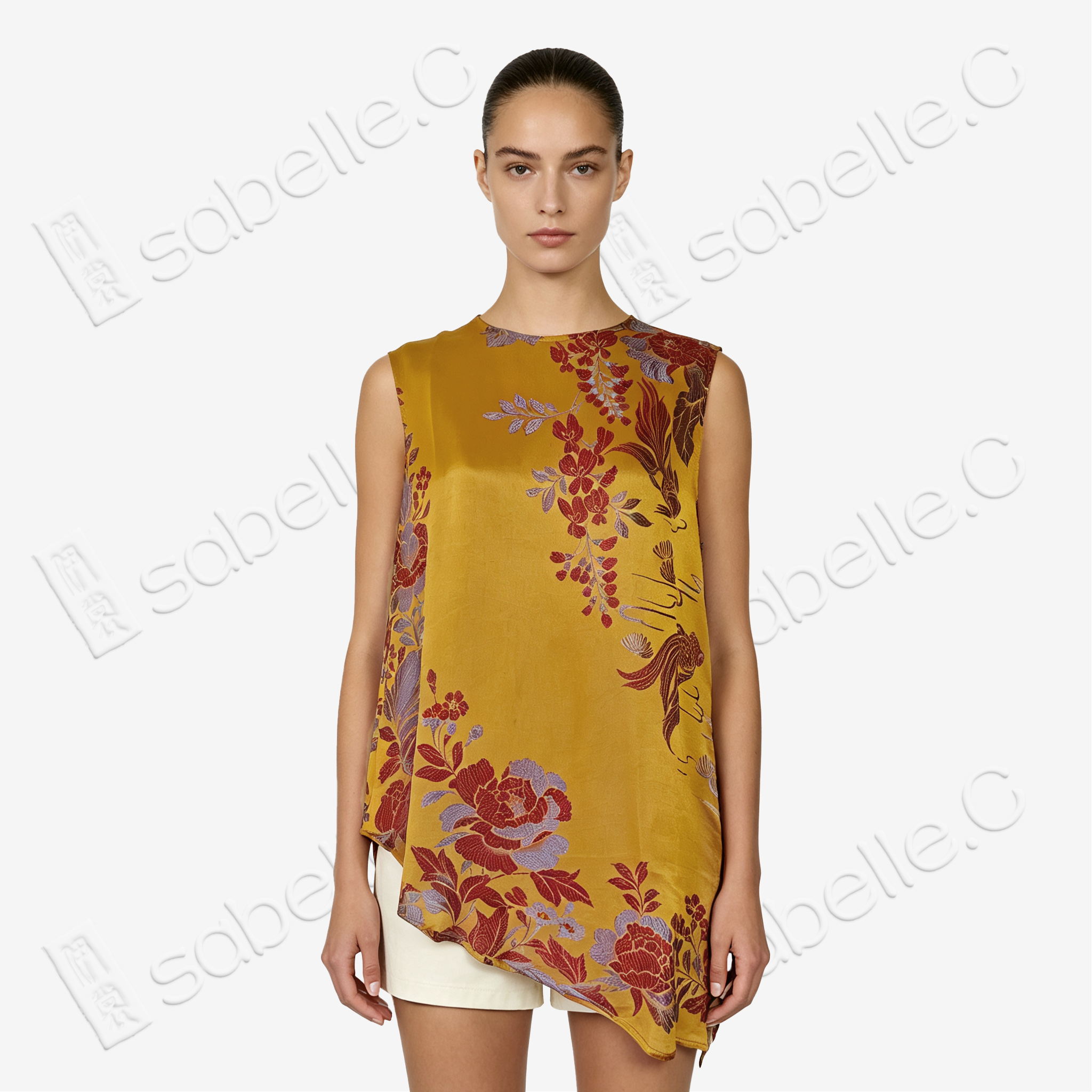 Gilded Gold Koi Fish Bias-Cut Antique Silk Satin Vest - 「鎏金錦鯉」斜裁古董真絲面料上衣