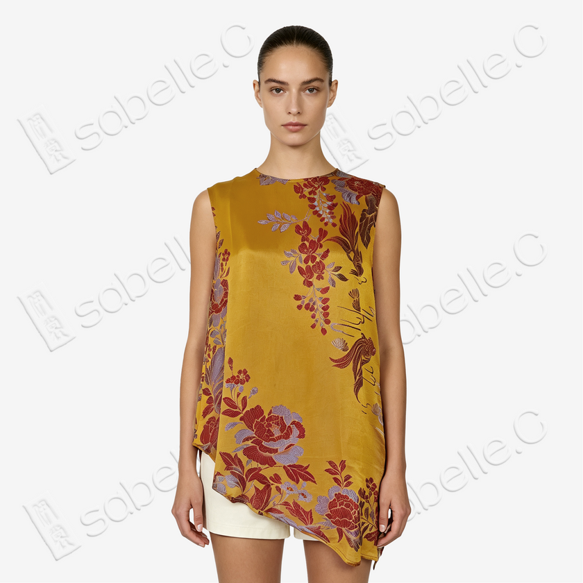Gilded Gold Koi Fish Bias-Cut Antique Silk Satin Vest - 「鎏金錦鯉」斜裁古董真絲面料上衣