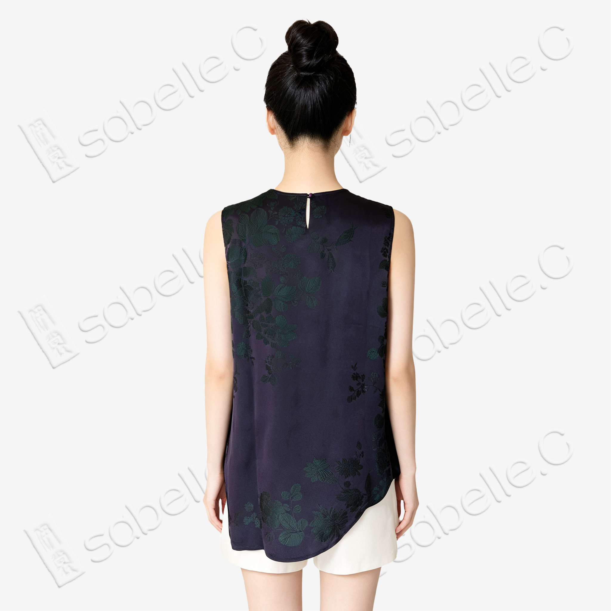 Ink Violet Dark Peony Bias-Cut Antique Silk Satin Vest - 「墨黛綠芍」古董真絲面料斜裁上衣