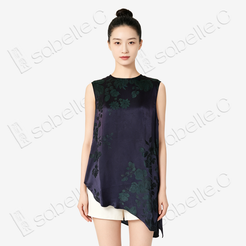 Ink Violet Dark Peony Bias-Cut Antique Silk Satin Vest - 「墨黛綠芍」古董真絲面料斜裁上衣