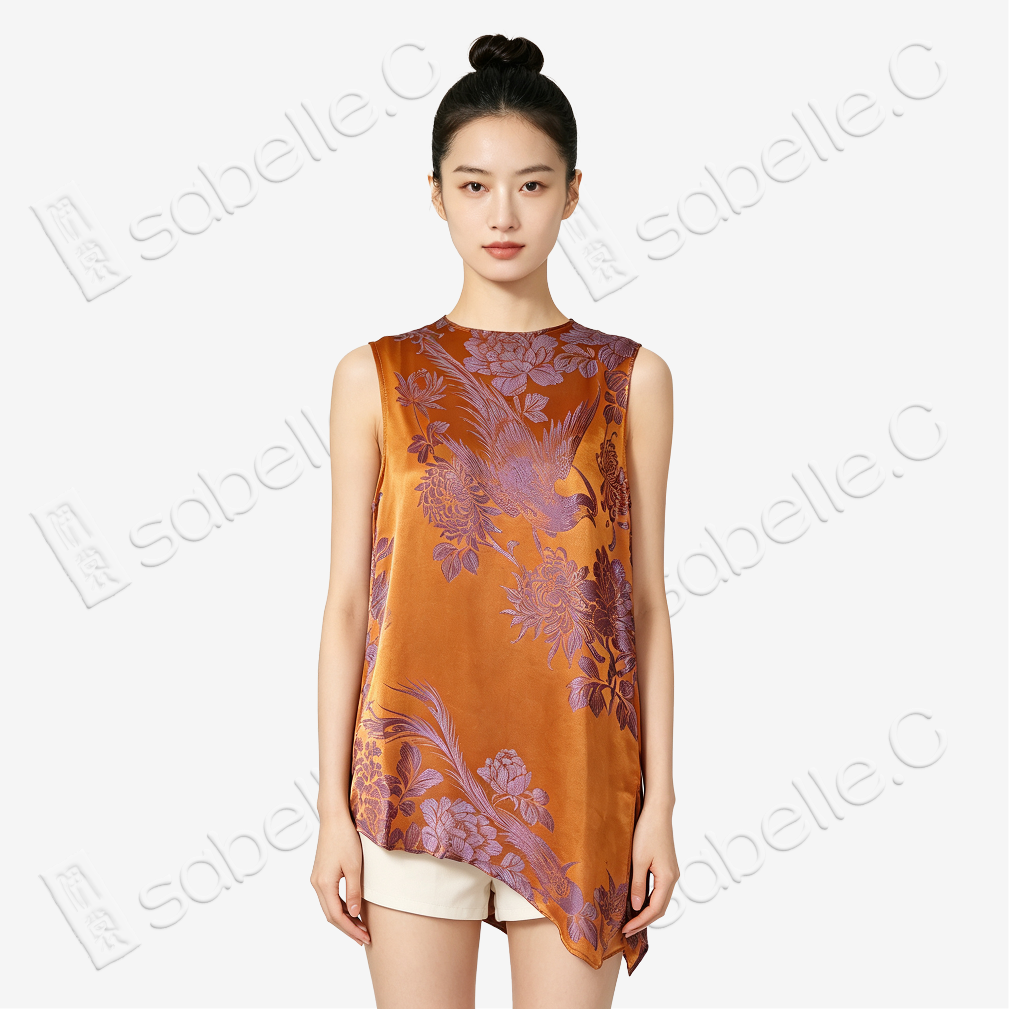 Amber Gold Lavender Phoenix Bias-Cut Antique Silk Satin Vest - 「珀金紫鳳」古董真絲面料斜裁上衣
