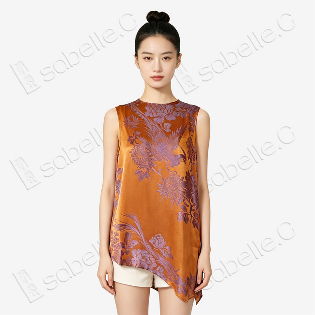 Amber Gold Lavender Phoenix Bias-Cut Antique Silk Satin Vest - 「珀金紫鳳」古董真絲面料斜裁上衣