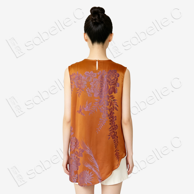 Amber Gold Lavender Phoenix Bias-Cut Antique Silk Satin Vest - 「珀金紫鳳」古董真絲面料斜裁上衣