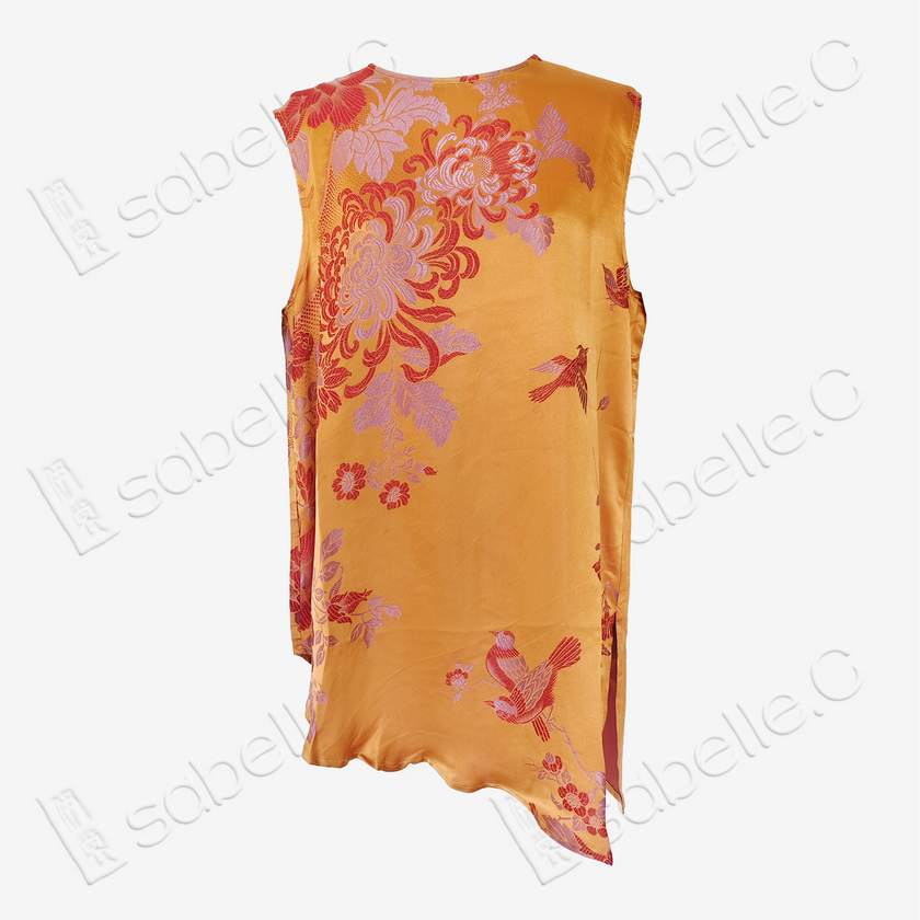 Gilded Chrysanthemum Vintage Silk Satin Sleeveless Top - 真絲老緞無袖上衣