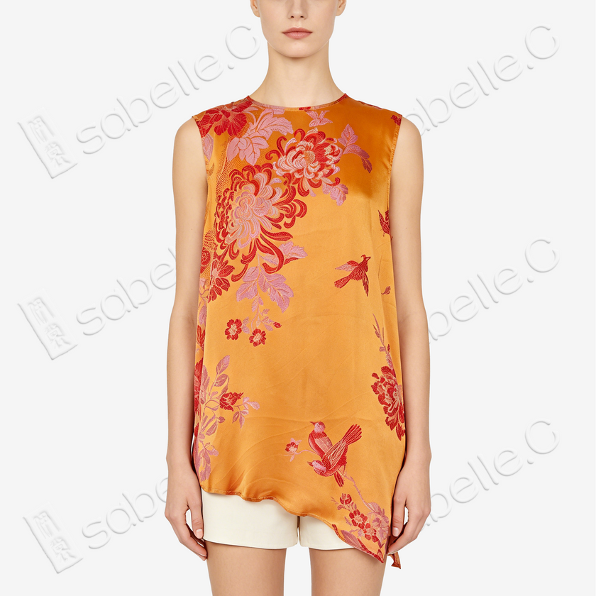 Gilded Chrysanthemum Vintage Silk Satin Sleeveless Top - 真絲老緞無袖上衣