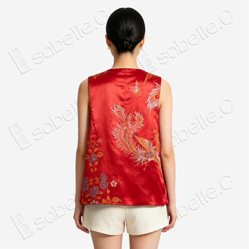 Crimson Phoenix Plume Antique Brocade Silk Vest - 「丹緋鳳翎」古董真絲马甲