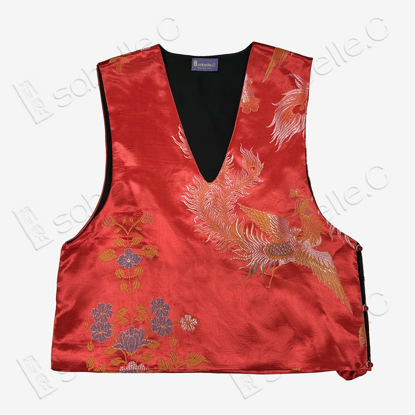 Crimson Phoenix Plume Antique Brocade Silk Vest - 「丹緋鳳翎」古董真絲马甲