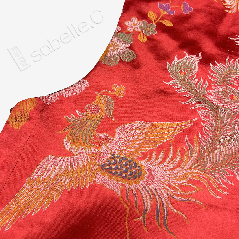 Crimson Phoenix Plume Antique Brocade Silk Vest - 「丹緋鳳翎」古董真絲马甲