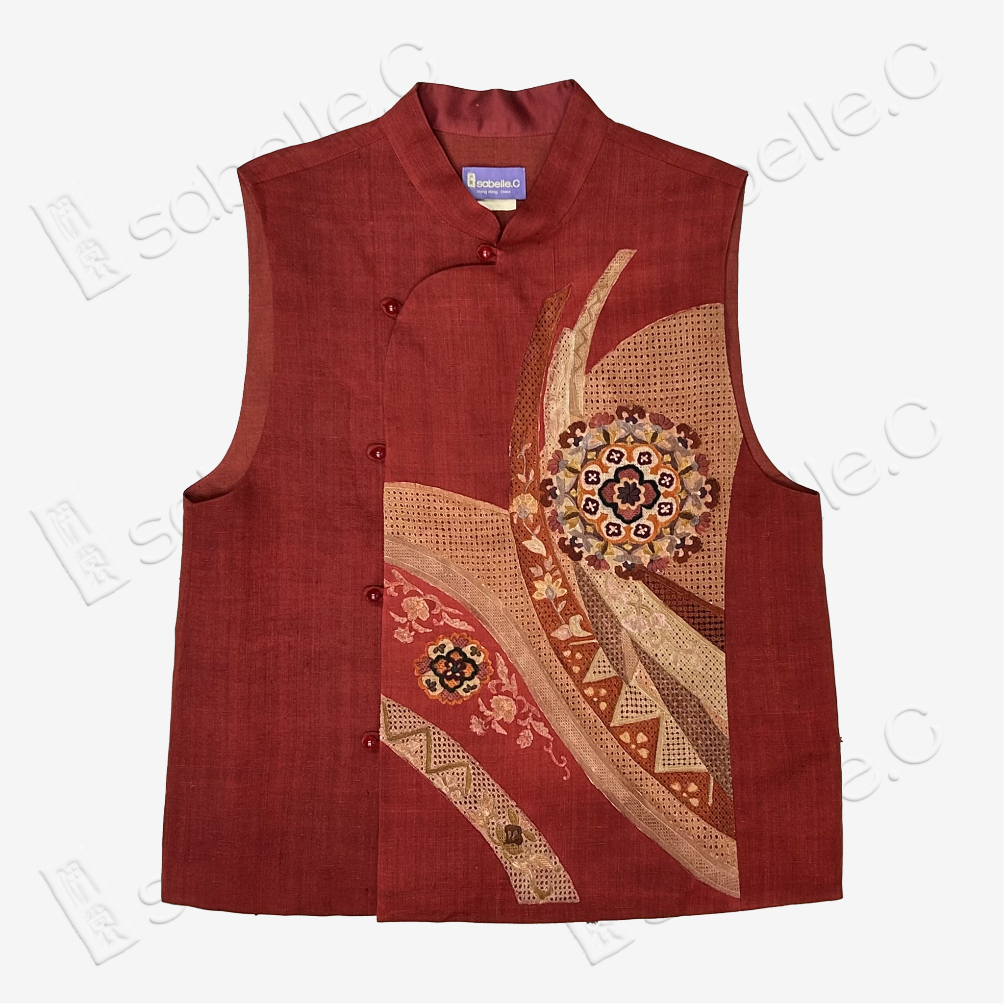 Ochre Red Floral Roundel Seed Stitch Embroidered Vest - 「赭紅團花」打籽綉马甲
