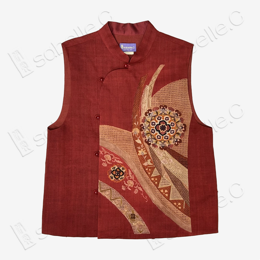 Ochre Red Floral Roundel Seed Stitch Embroidered Vest - 「赭紅團花」打籽綉马甲