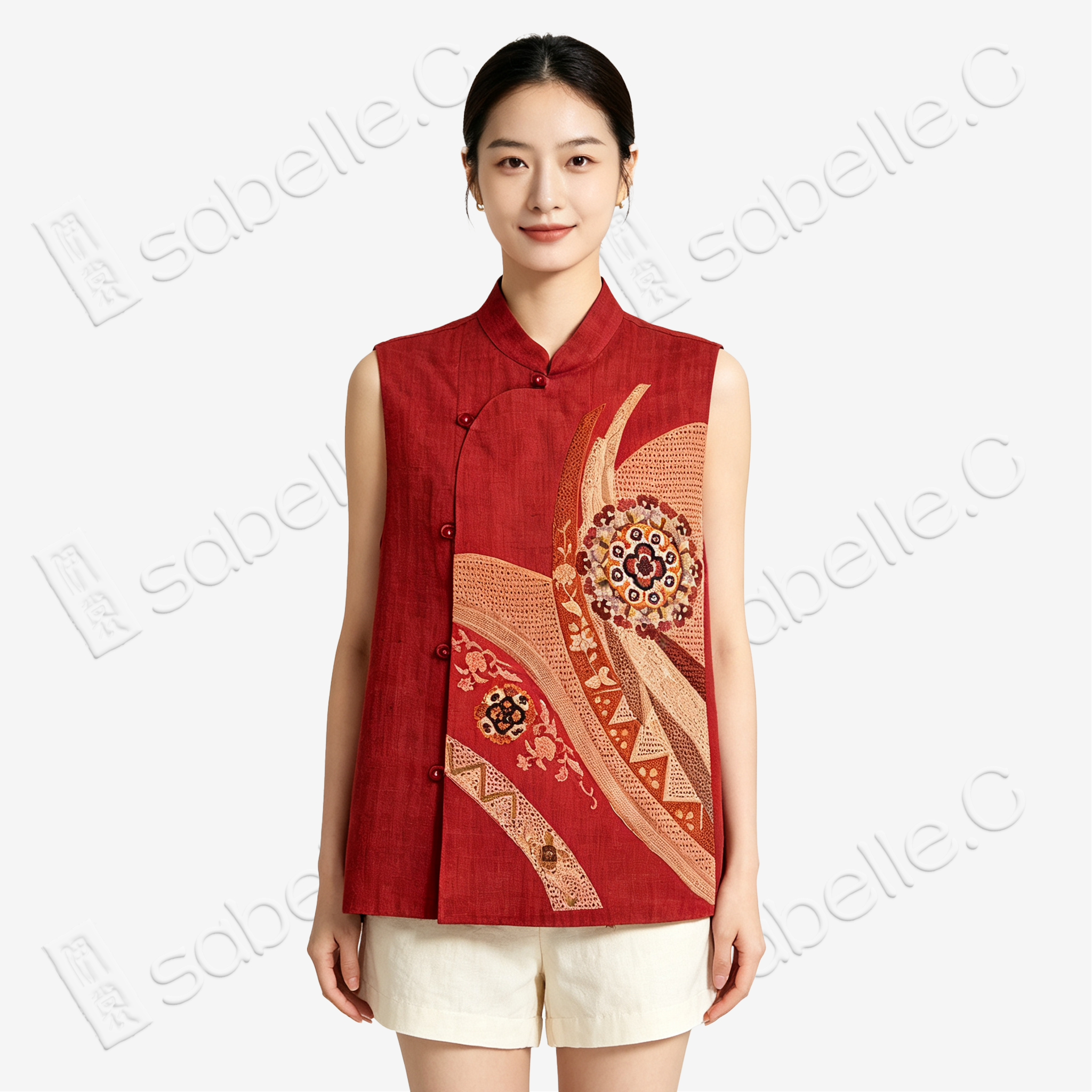 Ochre Red Floral Roundel Seed Stitch Embroidered Vest - 「赭紅團花」打籽綉马甲