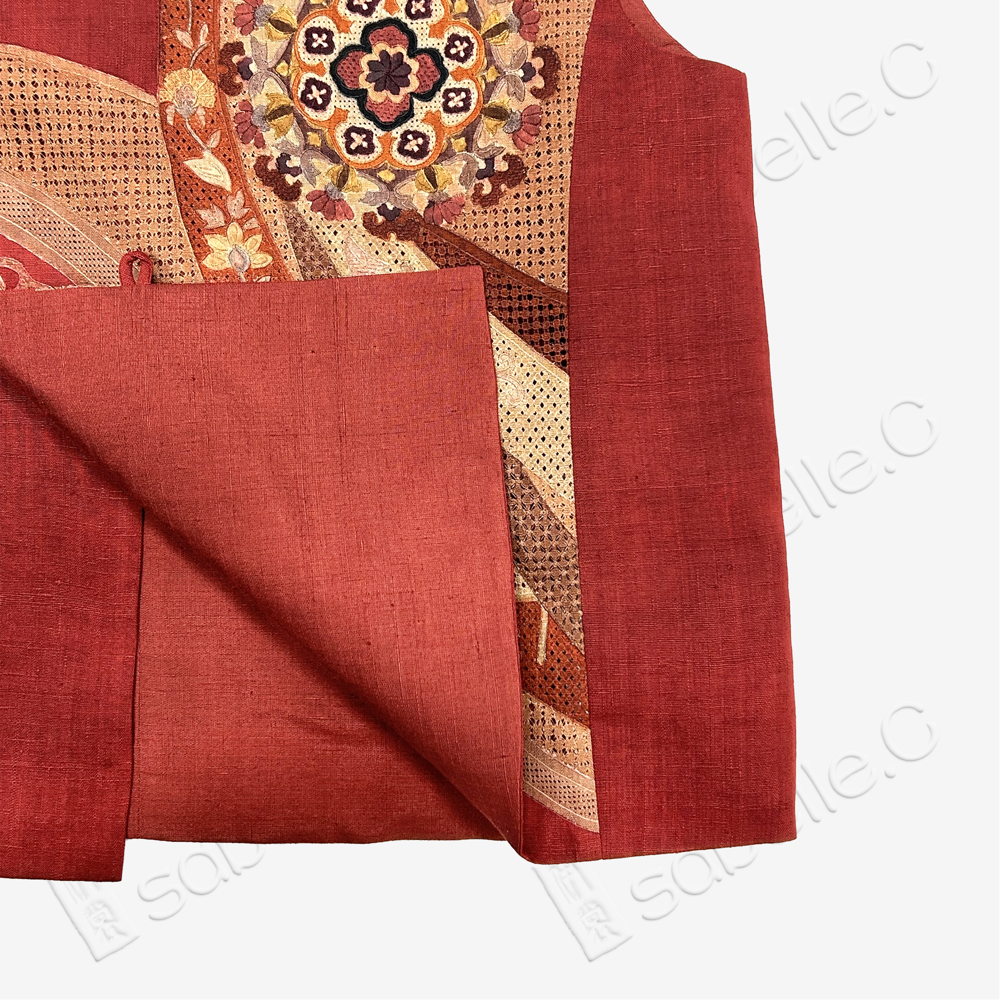 Ochre Red Floral Roundel Seed Stitch Embroidered Vest - 「赭紅團花」打籽綉马甲