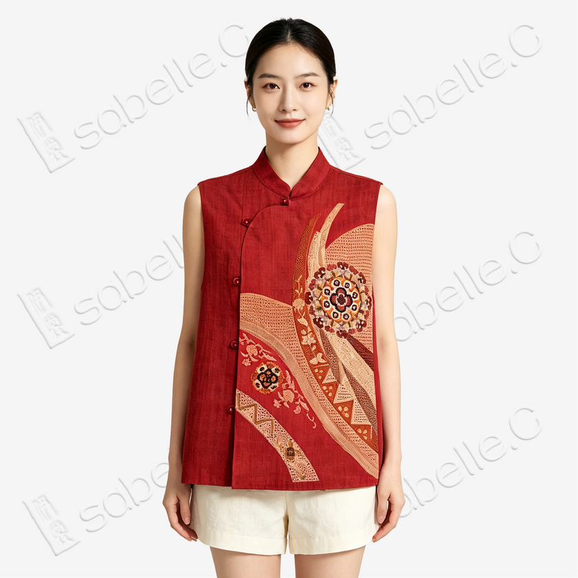 Ochre Red Floral Roundel Seed Stitch Embroidered Vest - 「赭紅團花」打籽綉马甲
