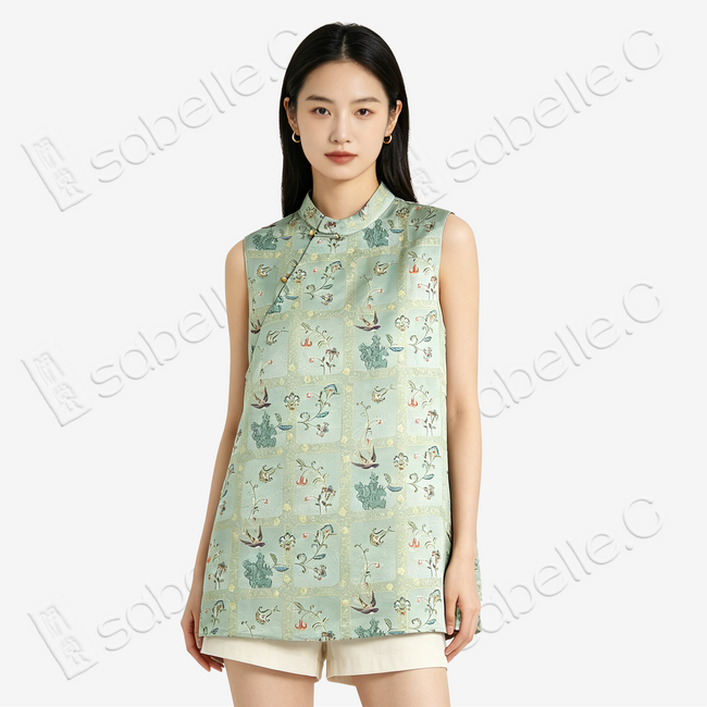 Misty Moss Spring Swallow Song Brocade Waistcoat - 「苔嵐春燕」宋錦馬甲